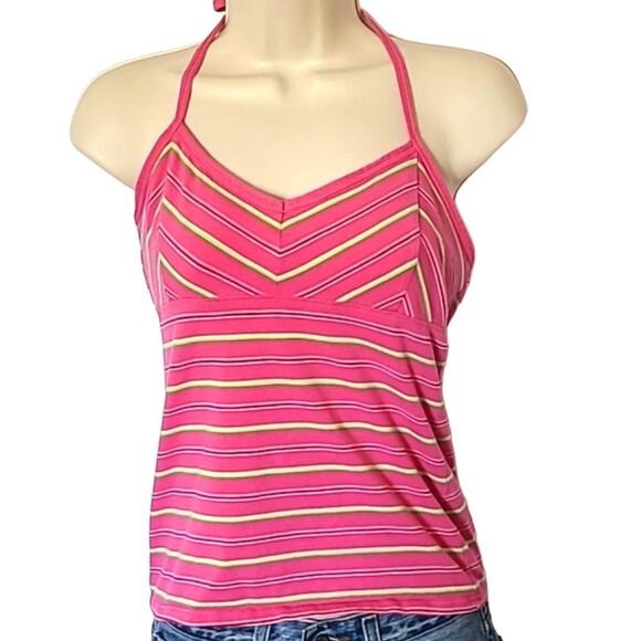 Excellent Arizona Jean Co Juniors Pink Striped Halter Neck Top Size Medium - Picture 2 of 7